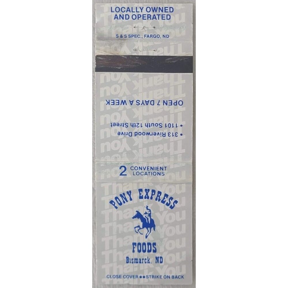 Vintage Matchbook Cover Pony Express Foods Bismarck ND North Dakota Silver Blue